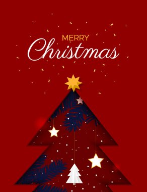 Kırmızı arkaplanda mavi ladin dallı kağıt kesimi şeklinde kırmızı Noel ağacı. Mutlu Noeller ve mutlu yıllar kartı..