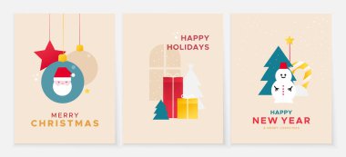 Noel Baba, oyuncak ve kardan adamın bej arka planda olduğu minimalist bir dizayn ile yeni yıl kartları..