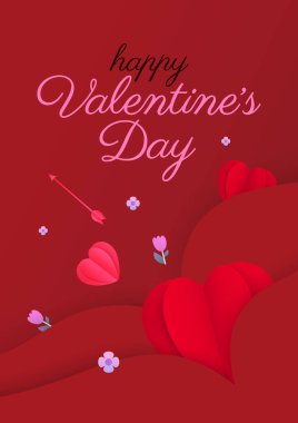 Kağıt stili Sevgililer Günü kartı tasarımı. Kırmızı arka planda kalbi, çiçekleri ve oku olan bir poster..