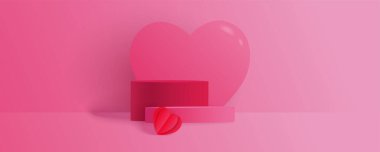 Pembe kürsü ve kalbi olan yatay web afişi. Sevgililer Günü geçmişi.