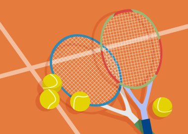 Sahada topları olan tenis raketleri. Vektör illüstrasyonu.
