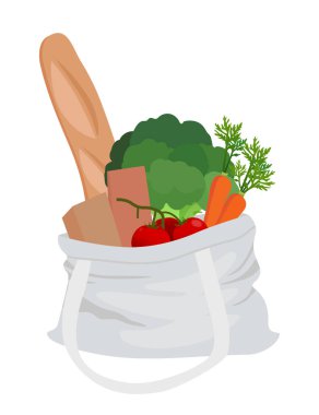 Yeşillik, sebze ve beyaz arka planda izole edilmiş baget eko poşeti. Vektör illüstrasyonu.