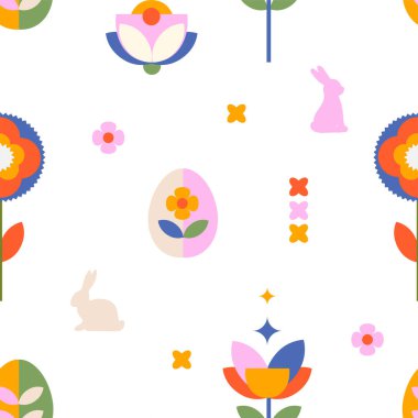 Modern geometrik soyut tarzda mutlu Paskalya bahar şablonu. Tavşancığın, yumurtanın ve çiçeklerin parlak renklerde olduğu kusursuz bir tatil..