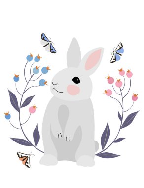 Beyaz arka planda bitki ve kelebek olan güzel bir tavşan. Paskalya Günü için İllüstrasyon.