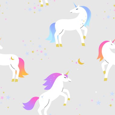 Şirin tek boynuzlu atlar ve yıldızlarla kusursuz vektör deseni. Vektör arkaplanı.