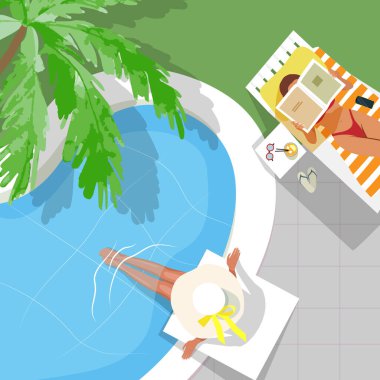 Yüzme havuzunda palmiyeli kızlar