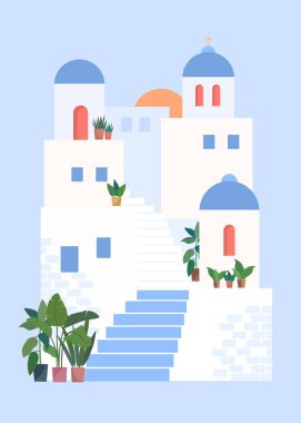 Mavi çatılı beyaz evler ve mavi arka planda bitkiler.