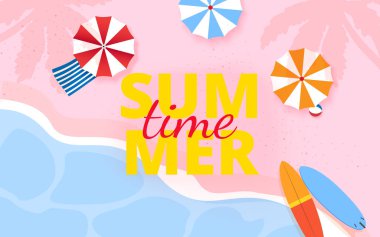 Parlak şemsiyeli, sörf tahtalı ve okyanuslu yaz tabelası