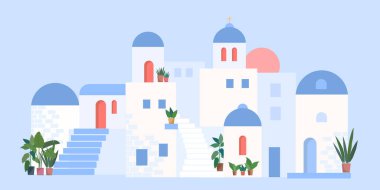 Mavi çatılı beyaz evler ve mavi arka planda bitkiler. Yunan tarzı evler. Vektör pankartı.