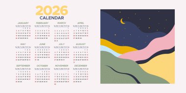 Takvim 2026 dekoratif gece manzaralı. Yatay vektör takvimi 2026.