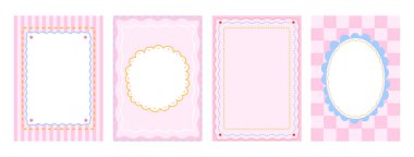 Kızlar için tebrik kartları için çocuk çerçevesi şablonları. Dört pembe çizimden oluşan bir set..