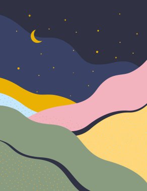 Renkli kum tepeleri ve yıldızlı gökyüzü olan modern bir kart. Kart, afiş, poster, kapak, broşür için minimalist arkaplan.