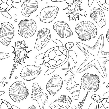 Beyaz arka planda deniz kabuğu, kaplumbağa ve deniz yıldızı çizimleri. Kusursuz vektör deseni.