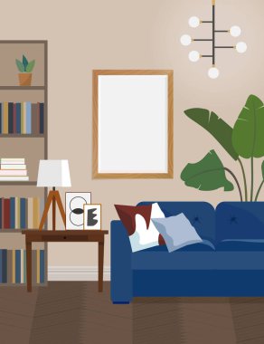 Duvarında ahşap çerçeve ve mavi kanepe olan klasik iç mimari. Oturma odasının içindeki boş çerçeveler. Vektör illüstrasyonu.