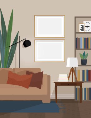 Şık bir iç mekan ve duvarında da çerçeveler var. Oturma odasındaki fotoğraf çerçevelerinin şablonu. Vektör illüstrasyonu.