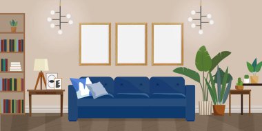 Yatay klasik iç mekan. Duvarda ve mavi koltukta resimler var. Oturma odasının içinde boş fotoğraf çerçeveleri var. Vektör illüstrasyonu.