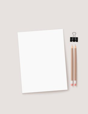 A4 kağıdının bej arka planda ataç ve kalem ile vektör modellemesi