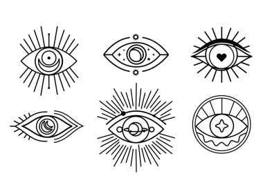 Mor göz simgeleri ayarlandı. Beyaz arka planda izole edilmiş göksel sembol. Dövmeler için çizimler.