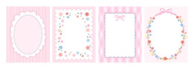 Tebrik kartları için çocuk çerçevesi şablonları. Çiçekli pembe kartlar. Dört çizimden oluşan bir set..