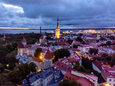 Patkuli Manzara Platformu 'ndan Tallinn' in mavi saat silueti, aydınlatılmış ortaçağ kuleleri, St. Olaf Kilisesi ve dramatik bulutlu bir gökyüzünün altında parlayan liman..