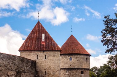Tallinn 'in ikonik ortaçağ kuleleri. Açık yaz gökyüzü altında kırmızı kiremitli çatıları ve taş duvarları var. Estonya 'da klasik bir Avrupa mimari simgesi.