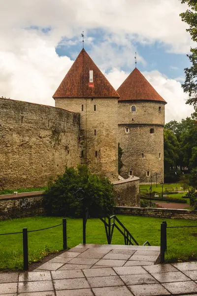 Tallinn, Estonya 'daki ortaçağ kuleleri, yaz yağmurundan sonra taş basamakların ve yemyeşil bir parkın arkasına yükseliyor. Bu tarihi şehir manzarasına dramatik bulutlu bir hava katıyor..