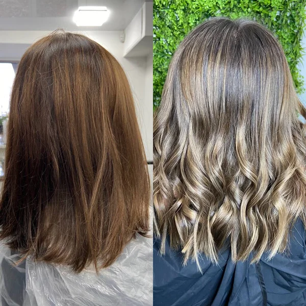 girl with long hair, dyed hair in a beauty salon, before and after hair coloring