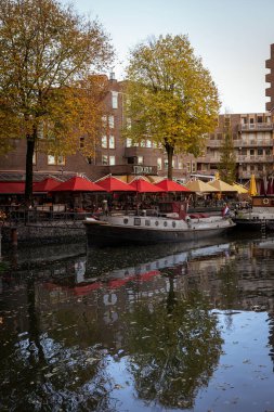 güzel sonbahar manzarası ağaçlar ve su yansımaları, tekneler ve yatlar, Rotterdam, Hollanda
