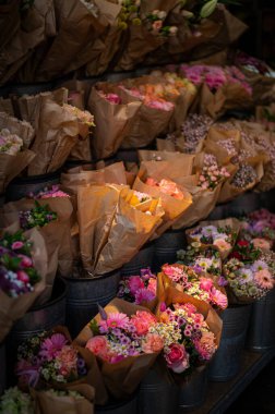Köln çiçek pazarında canlı bir sahne. Taze ve renkli buketler sergileniyor. Güllerle, lalelerle, mevsimlik çiçeklerle dolu tezgahlar şehrin kalbinde canlı ve güzel kokulu bir atmosfer yaratır.