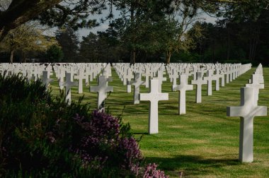 Colleville-sur-Mer, Fransa - 9 Nisan 2025: Omaha Sahili yakınlarındaki Colleville-sur-Mer 'deki Amerikan Mezarlığı' nın resmi manzarası. Beyaz haç sıraları manikürlü çitler arasında mükemmel bir hizada duruyor..