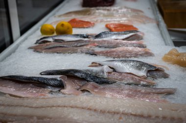 Canlı ve renkli bir balık seçimi bir deniz ürünleri pazarında buzun üzerine serilmişti. Türlerin çeşitliliği ve parlak renkler görsel olarak çekici ve iştah açıcı bir görüntü yaratır..
