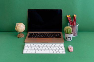 Yeşil bir arkaplanda düzenli olarak dizilmiş not defterleri, kalemler, keçeli kalemler ve makaslar da dahil olmak üzere okul malzemelerinden oluşan canlı bir çeşitlilik.