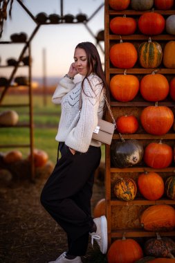 Dekoratif balkabaklarından yapılmış büyüleyici bir evin yanında duran rahat beyaz kazaklı bir kadın, sonbahar pazarında hasat mevsimini kutluyor..