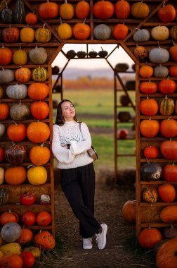 Dekoratif balkabaklarından yapılmış büyüleyici bir evin yanında duran rahat beyaz kazaklı bir kadın, sonbahar pazarında hasat mevsimini kutluyor..