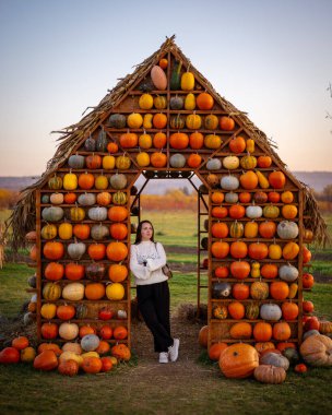 Dekoratif balkabaklarından yapılmış büyüleyici bir evin yanında duran rahat beyaz kazaklı bir kadın, sonbahar pazarında hasat mevsimini kutluyor..