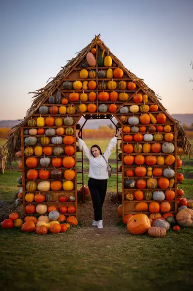 Dekoratif balkabaklarından yapılmış büyüleyici bir evin yanında duran rahat beyaz kazaklı bir kadın, sonbahar pazarında hasat mevsimini kutluyor..