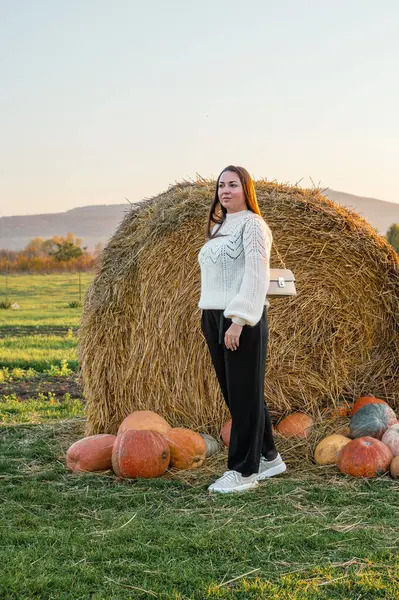Sade beyaz kazaklı bir kadın sonbahar hasat mevsiminde renkli balkabakları ve süs kabaklarıyla dolu bir çiftlik pazarını keşfediyor..