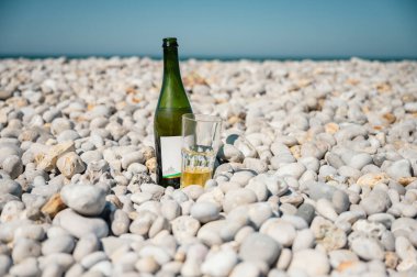 Şişesinin yanındaki bir bardakta serinletici Fransız şarabı arka planda kıyı kayalıkları olan Etretat 'ın çakıllı kıyısında dinleniyor..