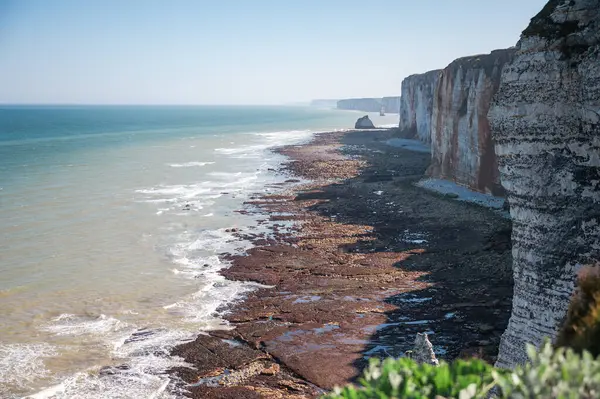 Etretat 'ın ikonik tebeşir kayalıkları ve turkuaz suları güneş ışığı altında parlayarak Normandiya' nın doğal güzelliğini ve huzurlu sahil şeridini gözler önüne seriyor..