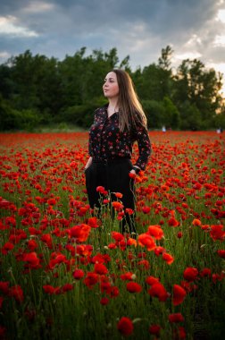 Güzel bir kız canlı kırmızı gelinciklerin arasında duruyor, gülümsüyor ve yaz melteminin tadını çıkarıyor. Sahne mutluluğu, rahatlığı ve doğanın güzelliğini tam çiçeklenirken yakalar..