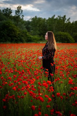 Güzel bir kız canlı kırmızı gelinciklerin arasında duruyor, gülümsüyor ve yaz melteminin tadını çıkarıyor. Sahne mutluluğu, rahatlığı ve doğanın güzelliğini tam çiçeklenirken yakalar..
