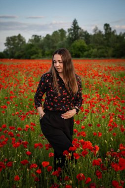 Güzel bir kız canlı kırmızı gelinciklerin arasında duruyor, gülümsüyor ve yaz melteminin tadını çıkarıyor. Sahne mutluluğu, rahatlığı ve doğanın güzelliğini tam çiçeklenirken yakalar..