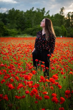 Güzel bir kız canlı kırmızı gelinciklerin arasında duruyor, gülümsüyor ve yaz melteminin tadını çıkarıyor. Sahne mutluluğu, rahatlığı ve doğanın güzelliğini tam çiçeklenirken yakalar..