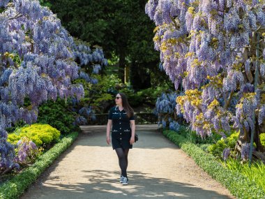 Genç ve güzel bir kadın, çiçeklenmiş mor salkımın yanında zarif bir şekilde duruyor..