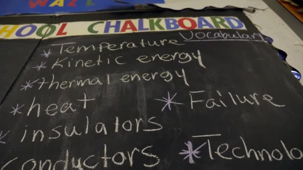 Stemクラスのための科学用語を持つ学校の教室の黒板 — ストック動画