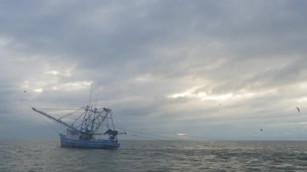 Shrimping Trawler Fishing Just Sunrise Nets Water Imágenes de stock libres de derechos