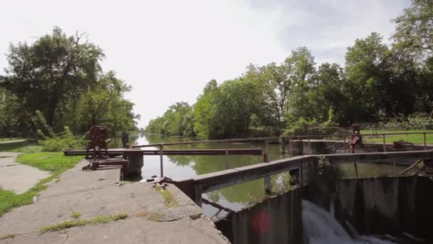 River Lock Gate Allowing Boats Navigate Waterfall — Video