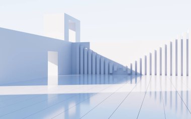 Beyaz soyut geometrik mimari, açık hava mimari sahnesi, 3 boyutlu tasarım. Dijital çizim.