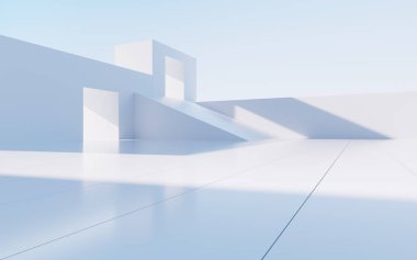 Beyaz soyut geometrik mimari, açık hava mimari sahnesi, 3 boyutlu tasarım. Dijital çizim.