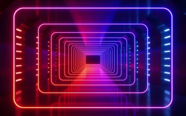 Parlak neon hatları ve tünel, 3D görüntüleme. Dijital çizim.